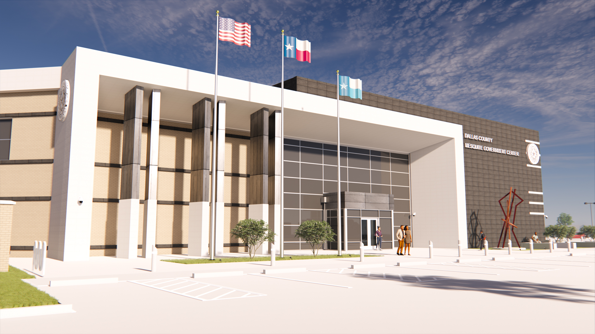 A modern building with large windows, three flagpoles displaying the US, Texas, and another flag—possibly connected to the Federal Government—stands with people near the entrance. The sign reads ISD Police Department Education Center & Training.