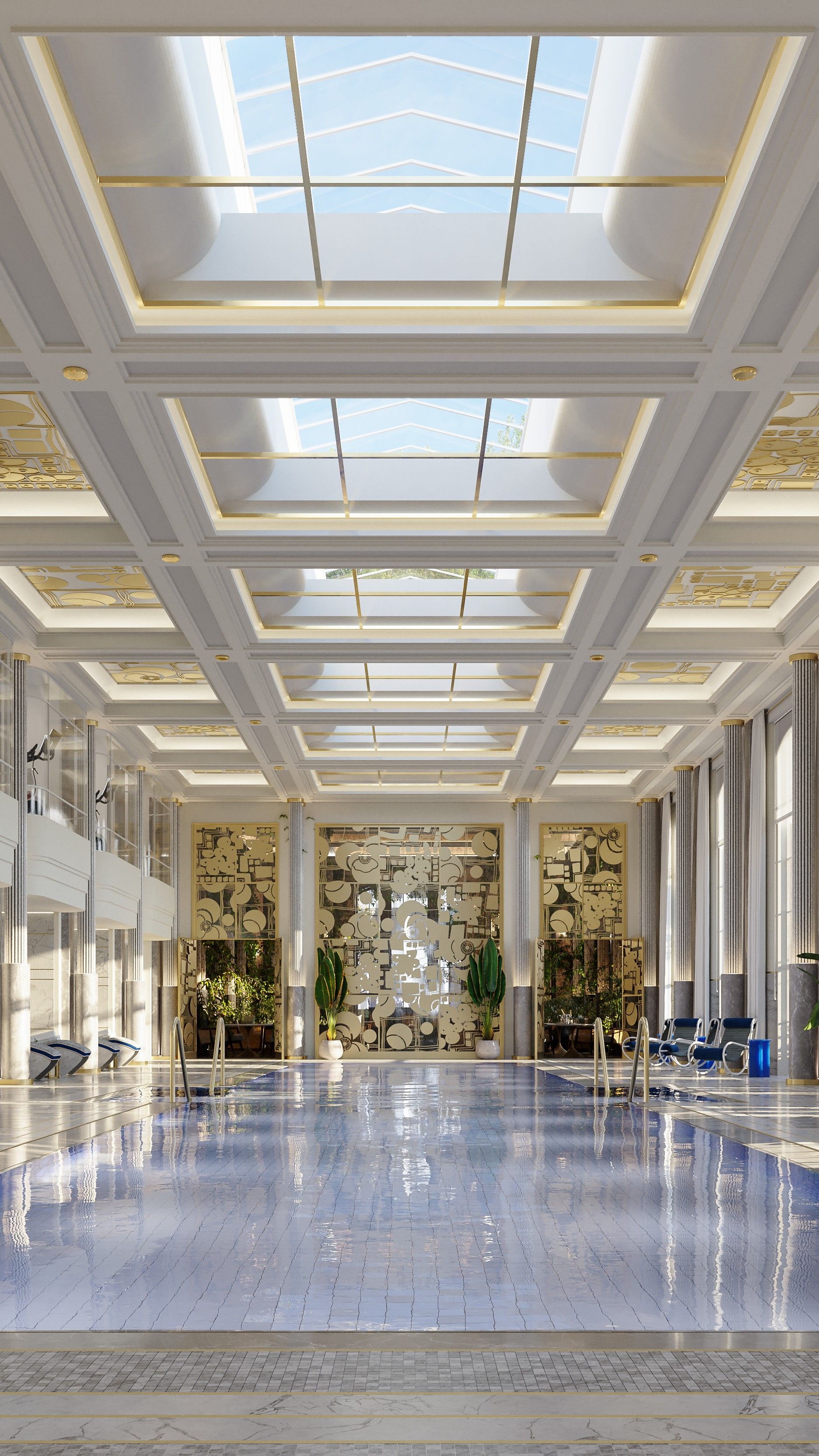 Luxurious indoor swimming pool with blue tiles, elegant white columns, large windows, mirrored wall accents, loungers, and a skylight ceiling letting in natural light. Decor includes plants and modern gold touches.