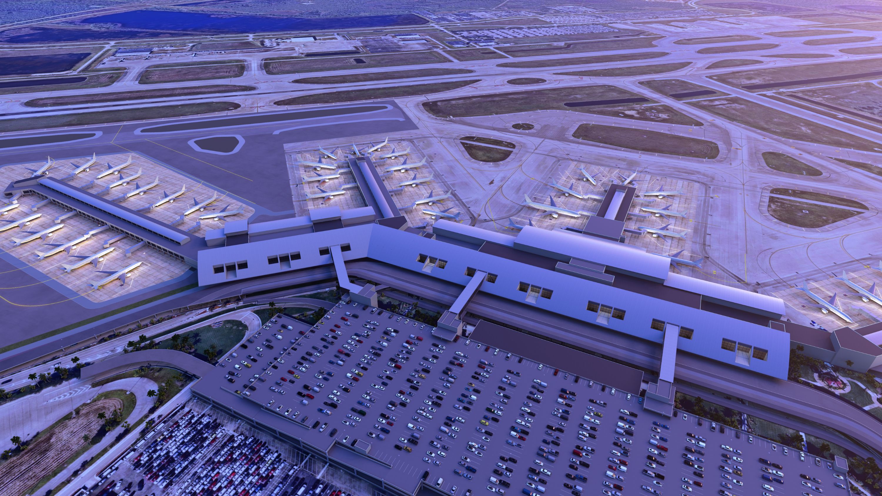 Aerial view of a large airport terminal with multiple gates, parked airplanes, runways, and a crowded parking lot in the foreground, taken during twilight or early morning.