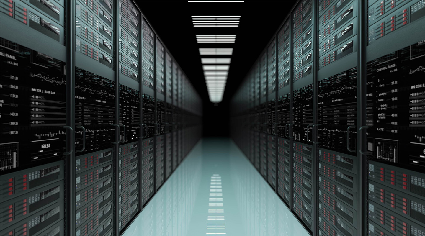 A long, symmetrical hallway lined with black server racks on both sides in a data center, showing glowing digital displays and lights, with a shiny reflective floor and bright overhead lighting.