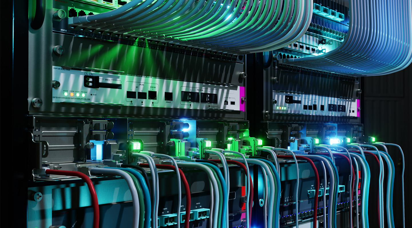 A close-up view of illuminated network servers with numerous cables connected, displaying glowing green and blue indicator lights. The scene is brightly lit with colorful reflections on the equipment.