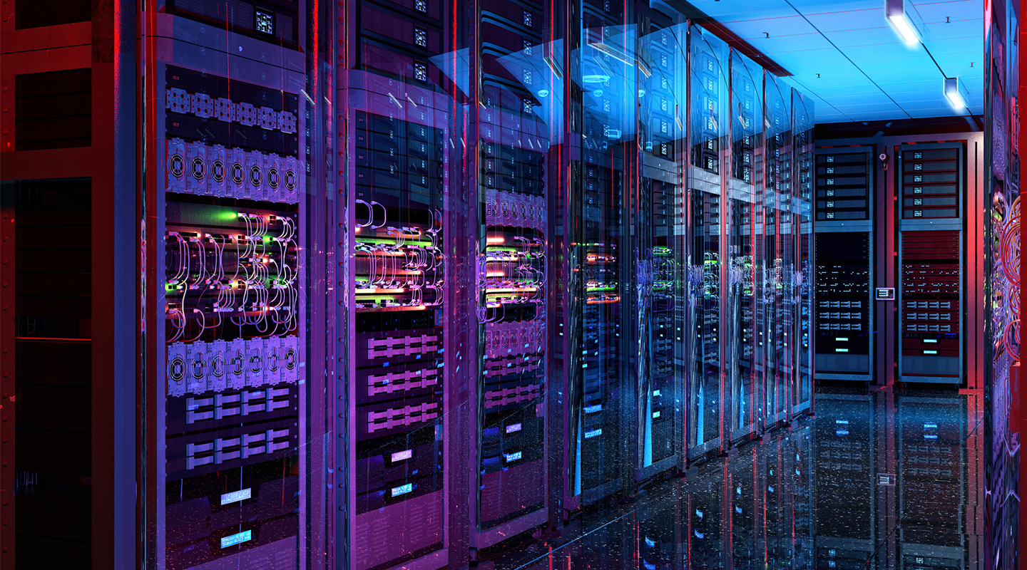 A modern server room with rows of data racks, glowing with colorful LED lights, and glass panels reflecting the equipment. The floor is glossy, and the room is brightly lit with a blue and purple ambiance.