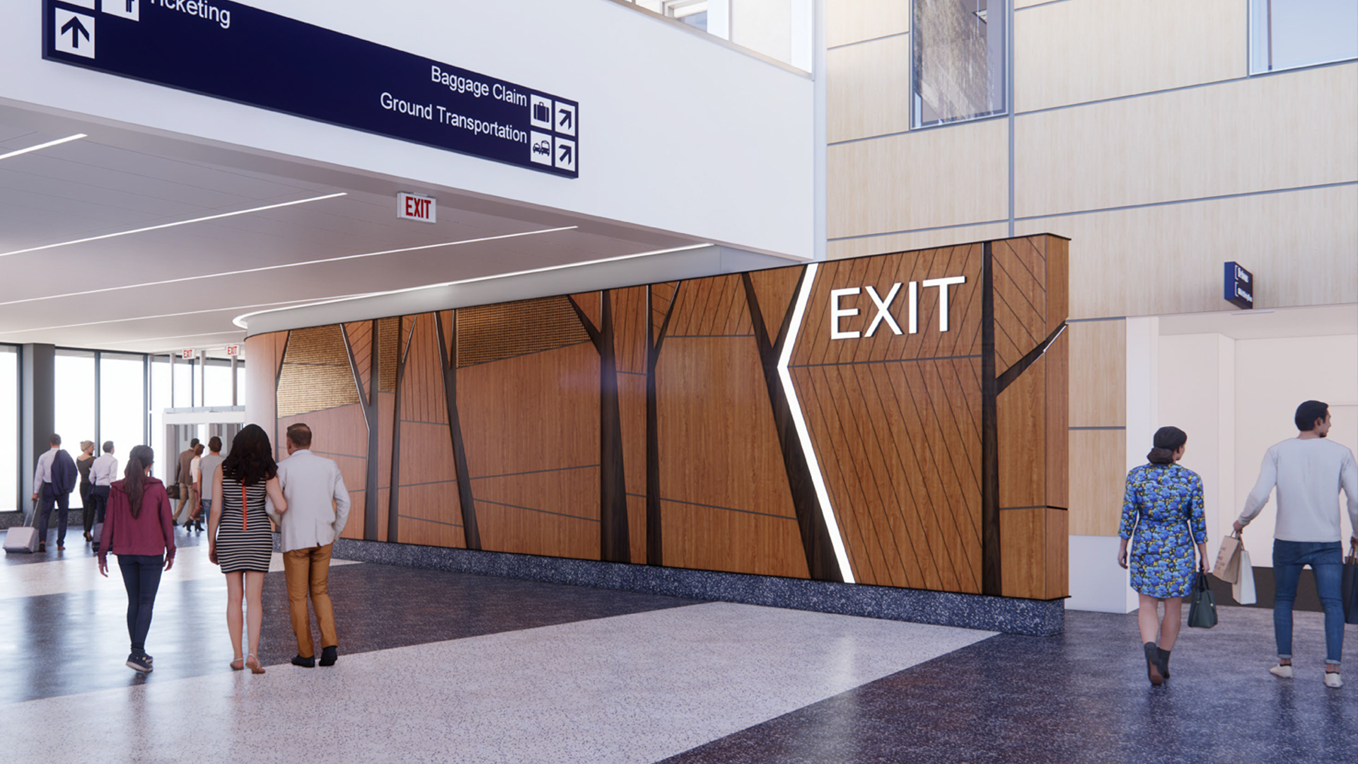 People walk through a modern airport corridor, an illuminated EXIT sign glowing on a wooden-paneled wall—overhead signs guide travelers to baggage claim and ground transportation, reflecting the seamless flow of aviation & transportation.