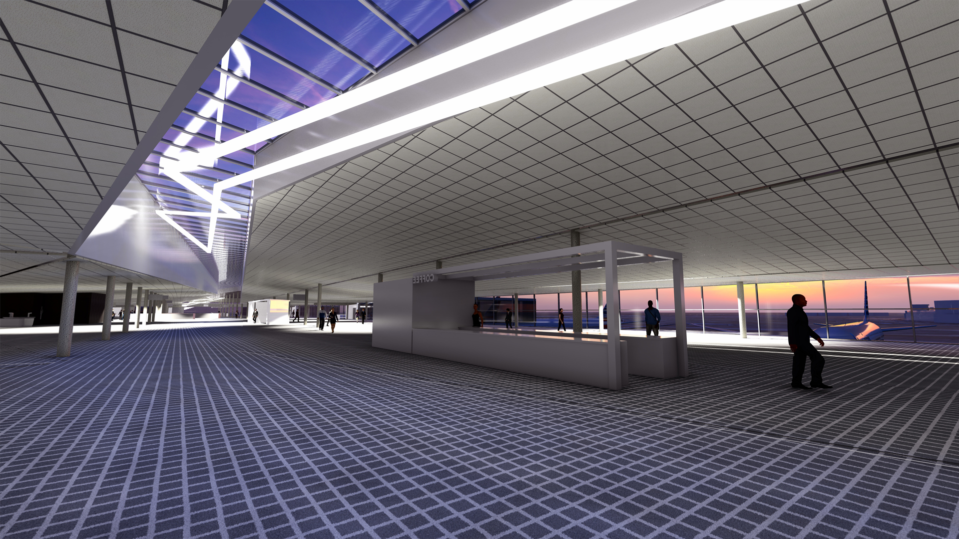 A spacious, modern airport terminal showcases aviation & transportation with a high, geometric ceiling, large windows revealing a sunset, and silhouetted people near an information desk atop a patterned carpeted floor.