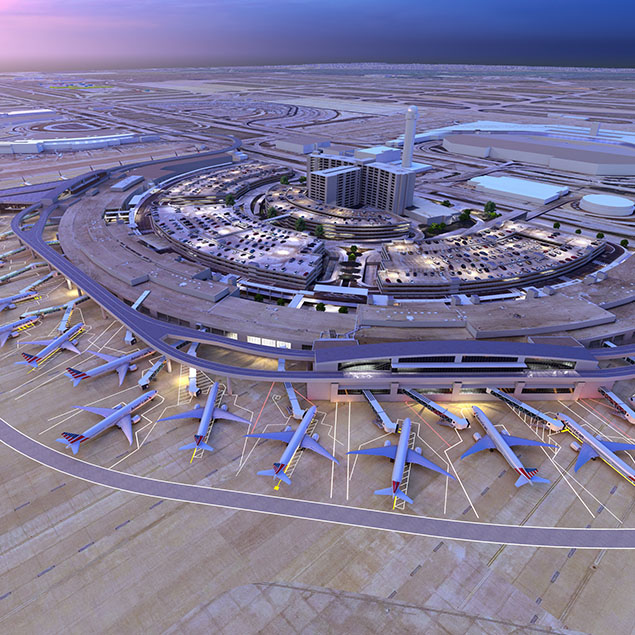 Aerial view of a large, circular airport terminal with multiple parked airplanes, connected gates, surrounding roads, parking lots, and buildings, at dusk with the sky turning purple.