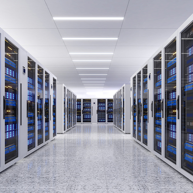 A modern data center with rows of server racks filled with equipment, blue indicator lights, and a reflective, polished floor under bright ceiling lights.