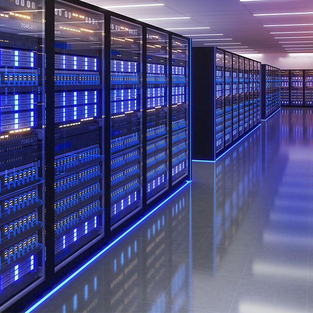 A brightly lit server room with rows of server racks illuminated by blue LED lights, reflecting on the shiny floor, creating a futuristic and high-tech atmosphere.