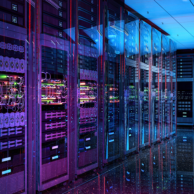 A modern data center with rows of server racks lit by colorful neon blue and pink lights, reflecting on the shiny floor and glass panels.