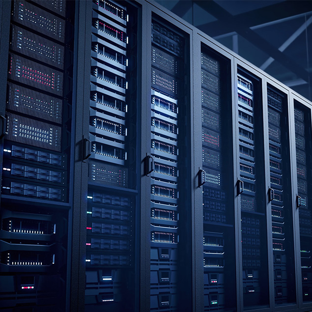 Rows of black server racks with blinking colored LED lights in a modern data center, illuminated by blue ambient lighting.