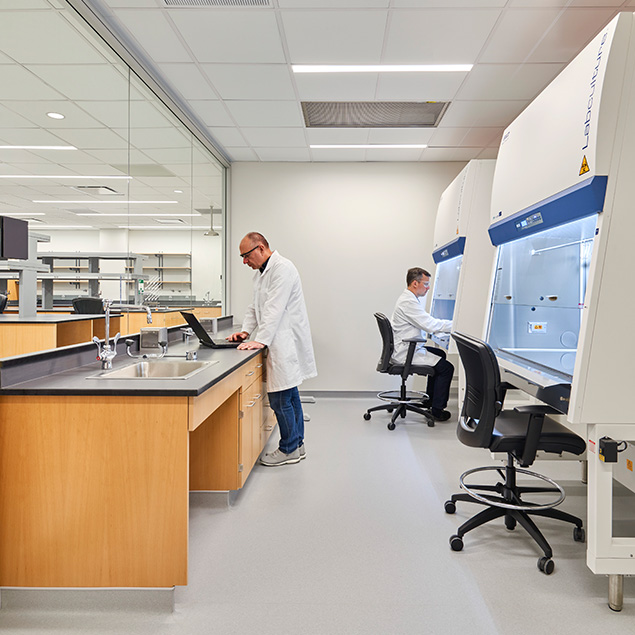 Two scientists in white lab coats work in a modern laboratory; one stands at a counter with a laptop, while the other sits at a biosafety cabinet, surrounded by clean, bright workspaces and lab equipment.