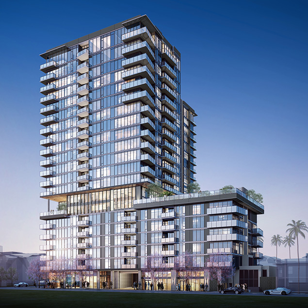 Modern high-rise building with extensive glass windows, balconies, and a tiered design, set against a clear blue evening sky with palm trees and small groups of people at the entrance.