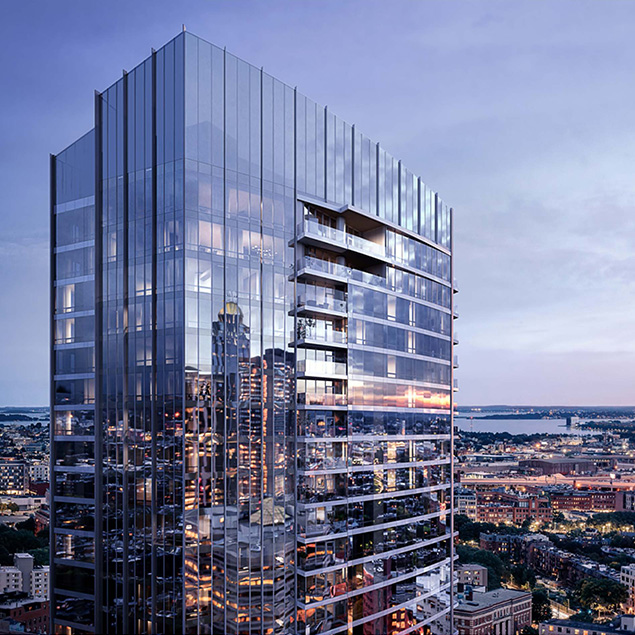 A modern glass skyscraper reflects the cityscape at dusk, with lights glowing inside the building and a panoramic urban view, including water and distant bridges, visible in the background.