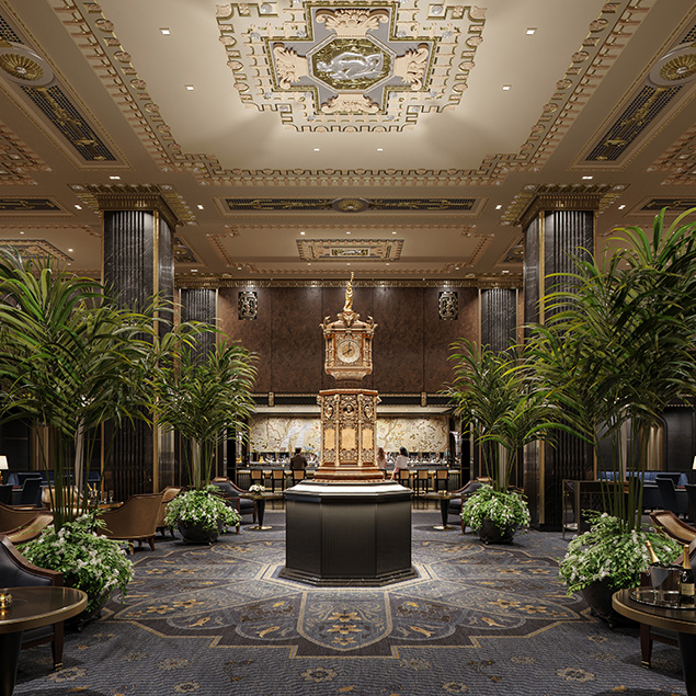 A grand, opulent hotel lobby with ornate ceilings, tall black columns, lush green plants, elegant seating areas, and a large decorative clock centerpiece on a pedestal.