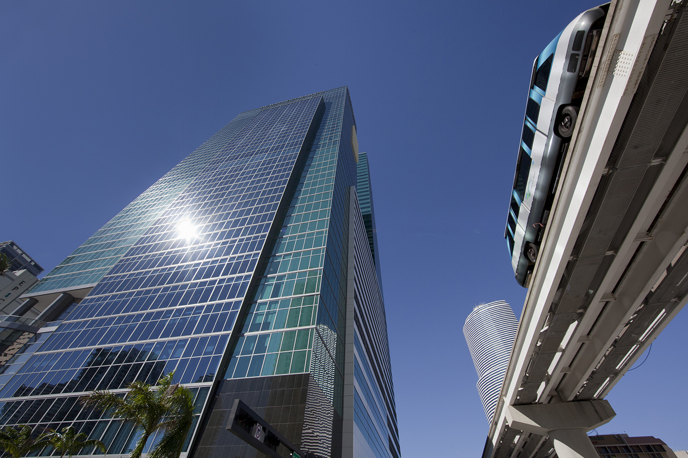 A modern glass skyscraper rises against a clear blue sky, with a light rail train traveling on an elevated track in the foreground and palm trees visible at street level.