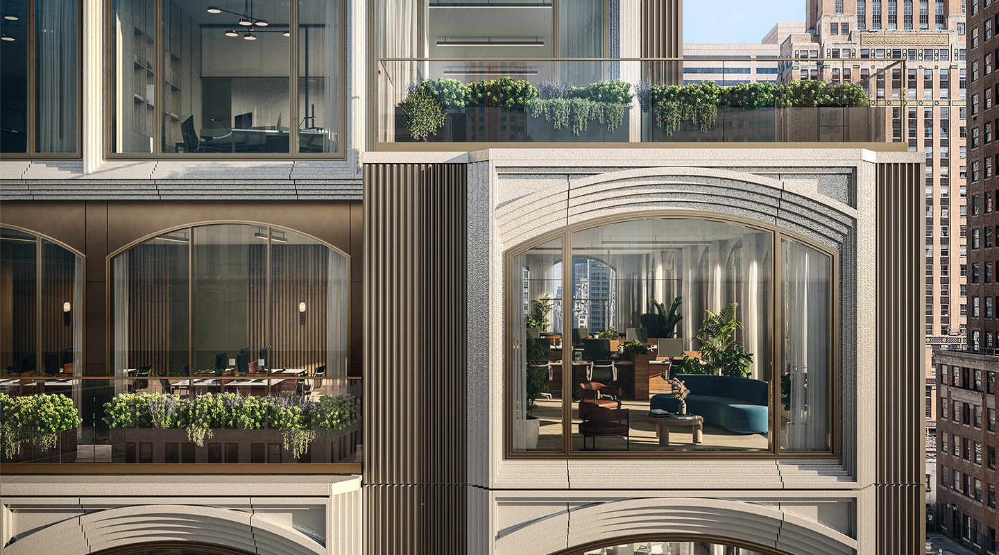 Close-up of a modern office building with large arched windows, glass balconies, and lush green plants. Inside, office desks and a stylish lounge area with seating are visible through the windows.