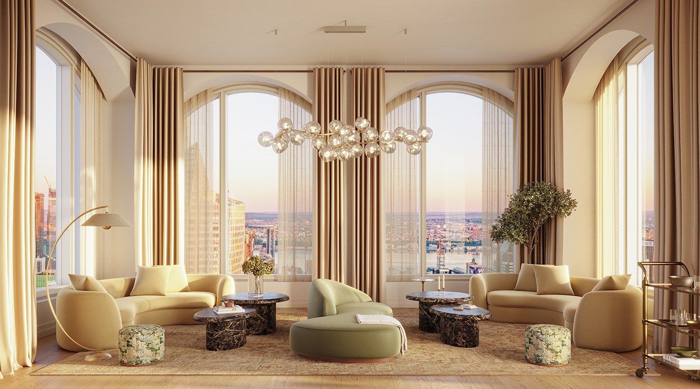 A luxurious, modern living room with tall arched windows, beige sofas, marble coffee tables, a unique chandelier, and cityscape views. Neutral tones, light wood floors, and greenery create a bright, elegant space.