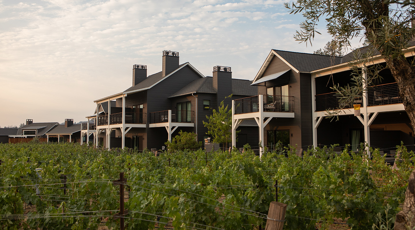 Row of modern, dark-colored buildings with balconies overlooking a lush green vineyard under a cloudy sky, with some trees in the foreground.