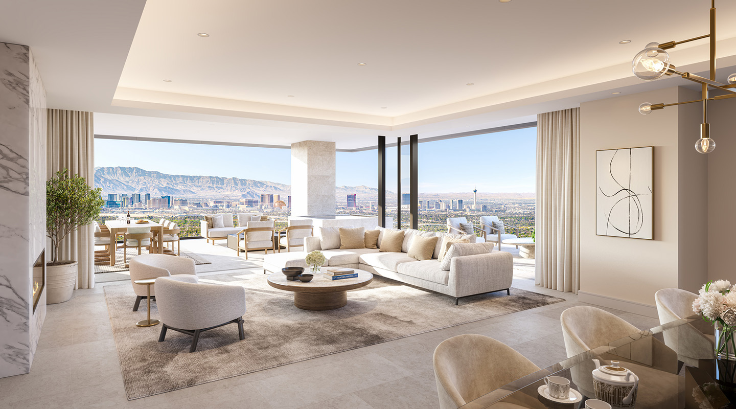 A modern, spacious living room with neutral furnishings and large glass doors opening to a balcony with a city skyline and mountain views under a clear sky. A dining area and art decorate the elegant interior.