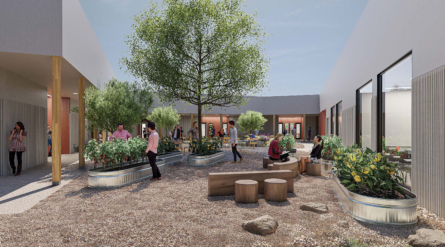 A modern outdoor courtyard with trees, raised garden beds, benches, and people walking, sitting, or tending plants; buildings with large windows surround the garden under a clear sky.