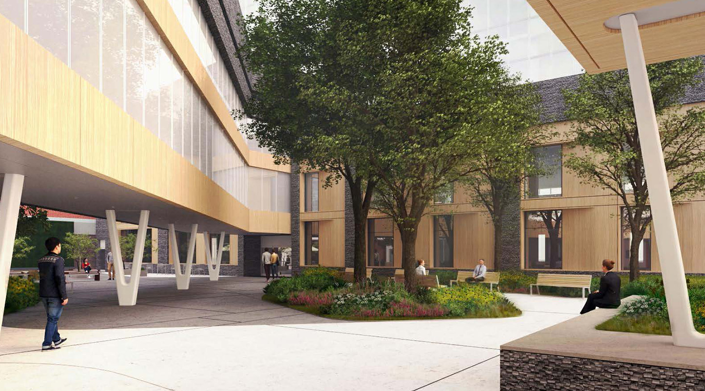 A modern courtyard with trees, benches, and landscaped plants is surrounded by buildings with large windows and wood panel accents. People are walking, sitting, and talking in the open, bright space.