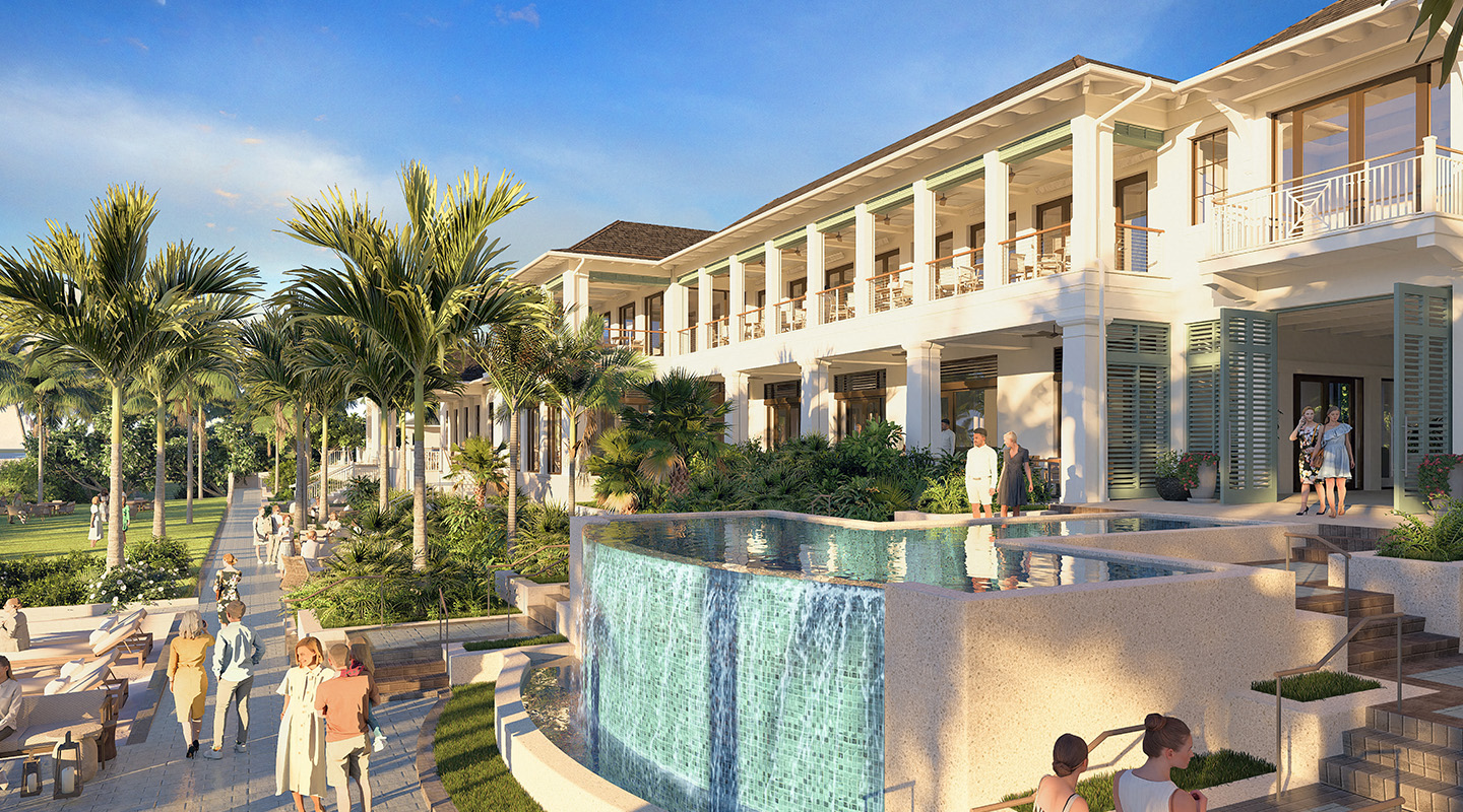 A luxurious resort with tropical palm trees, people relaxing by an infinity pool with a cascading waterfall, and a large white building featuring balconies and columns under a clear blue sky.