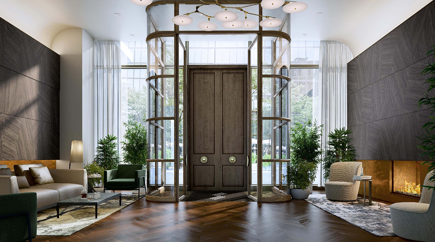 Luxurious modern lobby with wooden double doors, elegant lighting, green plants, cozy seating areas, large windows with sheer curtains, and a herringbone wood floor.