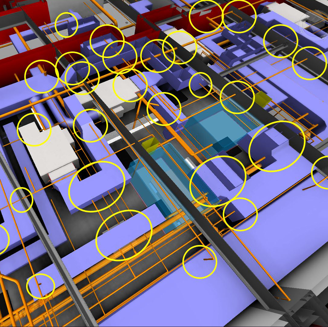 A 3D building model with overlapping pipes and structures in blue, purple, red, and orange, marked with multiple yellow circles indicating areas of potential conflict or issues.