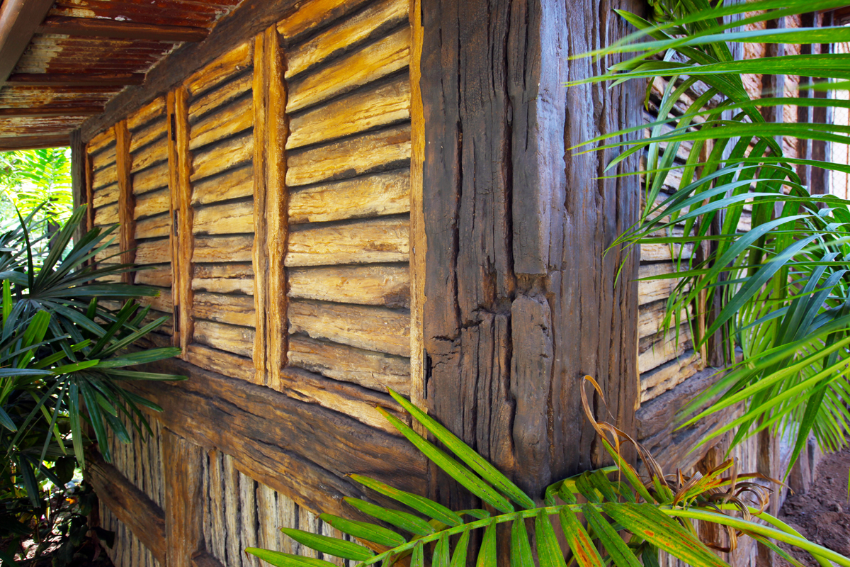 A rustic wooden wall with horizontal slats and weathered texture, partially surrounded by lush green tropical plants under a corrugated metal roof.