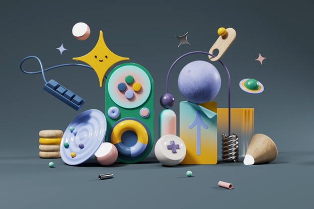 A colorful arrangement of abstract 3D shapes and playful objects, including buttons, springs, spheres, and stars, set against a dark gray background, creating a whimsical and modern composition.