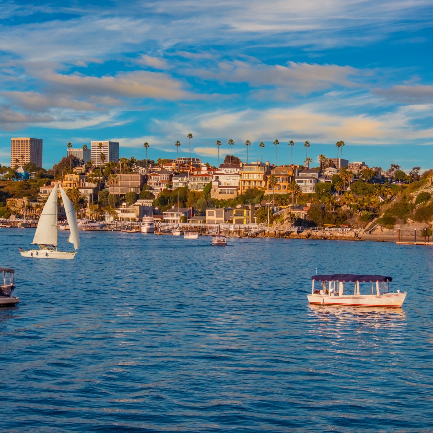 Boats and a sailboat float on calm blue water with a coastal city, palm trees, and colorful buildings in the background under a partly cloudy sky.